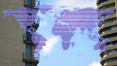 world map glitch animation over high-rise buildings and blue sky