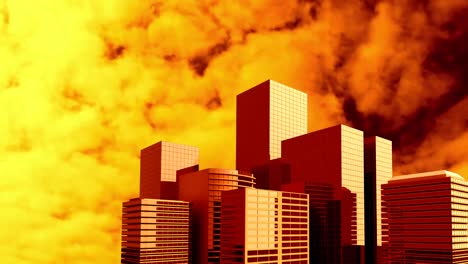 animation of orange and yellow clouds moving over digital modern buildings at sunset