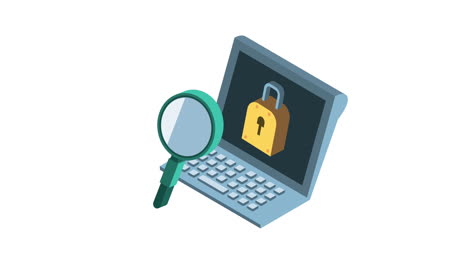 laptop and padlock with magnifying cyber security animation