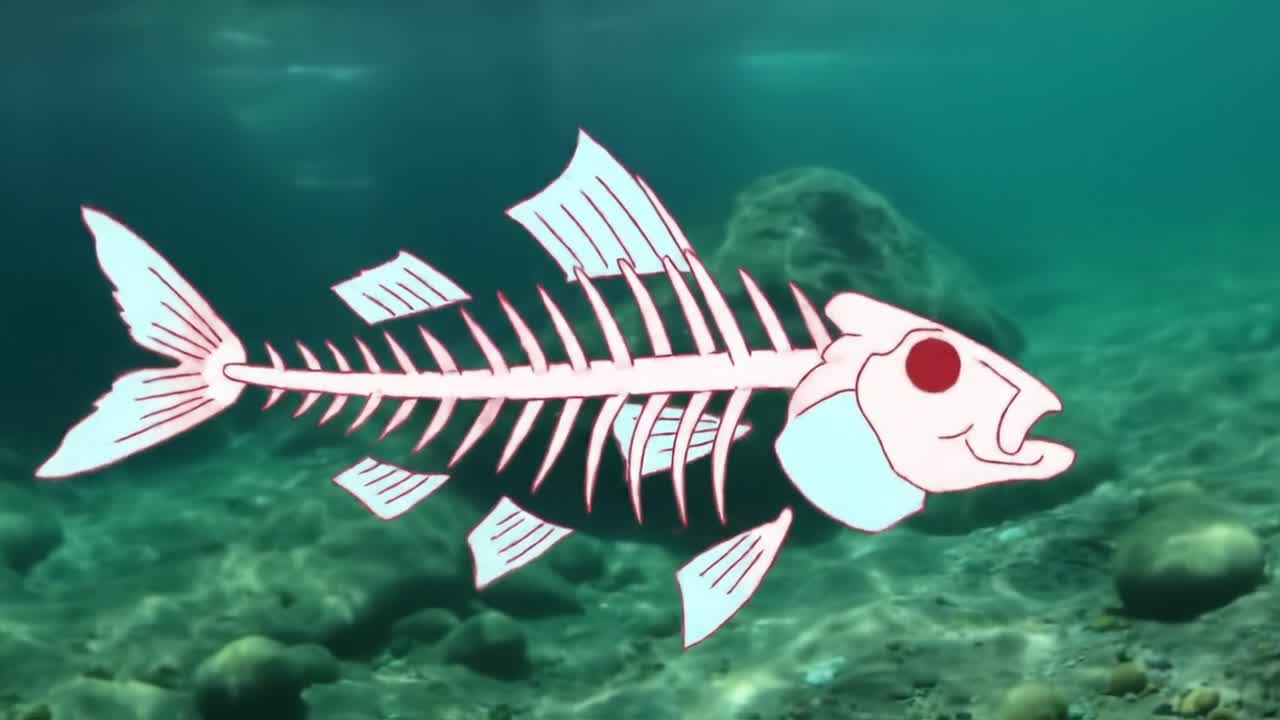 Animated Underwater Scene Featuring a Cartoonish Fish Skeleton Floating Gracefully Amidst a Serene Ocean Background in a Vibrant Aquatic Environment