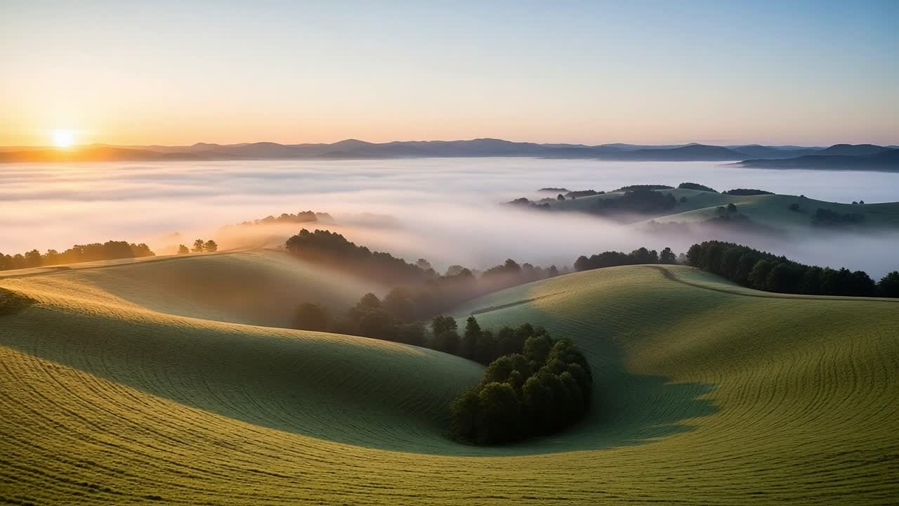 Breathtaking Dawn Overrolling Hills: A Scenic View of Lush Green Fields and Ethereal Mist as the Sun Rises, Painting the Sky with Warm Hues and Illuminating the Landscape