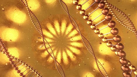 fondo geométrico dorado con remolinos de moléculas de adn. bucle de renderización 3d 4k