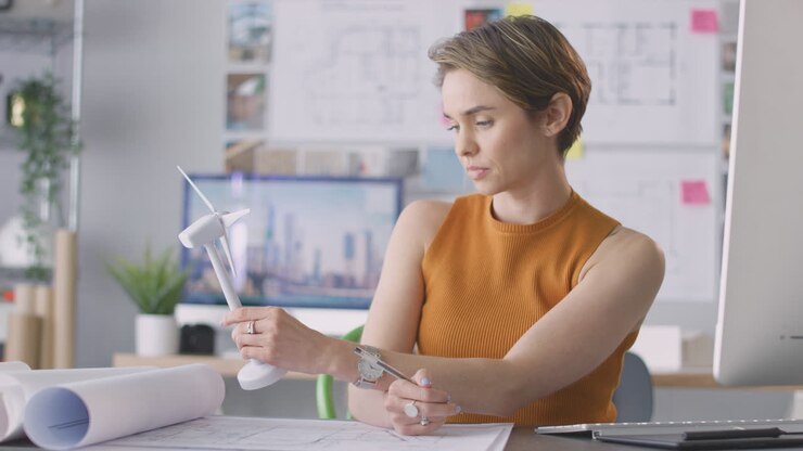 Architetto femminile in ufficio che lavora sui disegni per il progetto di energia rinnovabile con la turbina eolica del modello