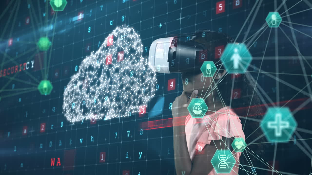 animación de la red de conexiones con iconos sobre chicas con auriculares y procesamiento de datos