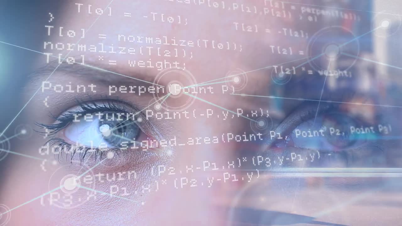 animación del procesamiento de datos sobre los ojos de una mujer caucásica