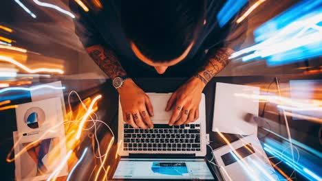 dynamic work environment: a creative individual engaged in digital design and development with vibrant motion effects in a modern setting