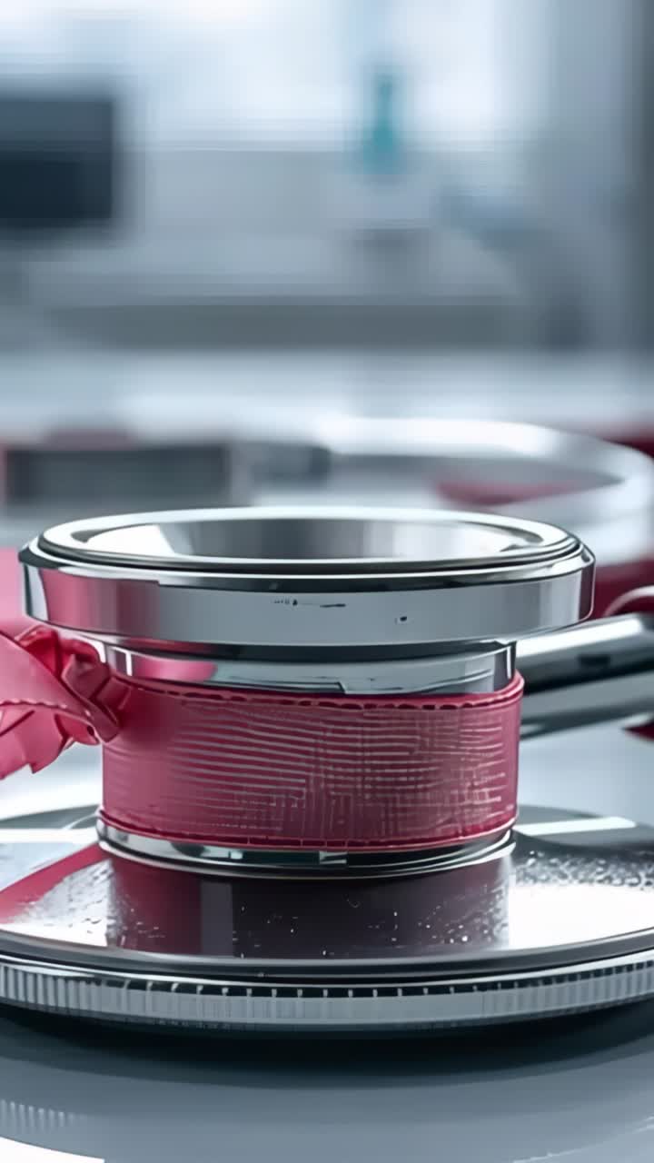 Vertical video: Camera panning red stethoscope diaphragm and tubing in clinic showing safety ribbon