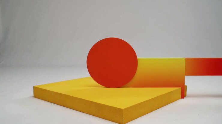 Sliding red disc moving left on yellow platform in studio animation starting trailing gradient bar