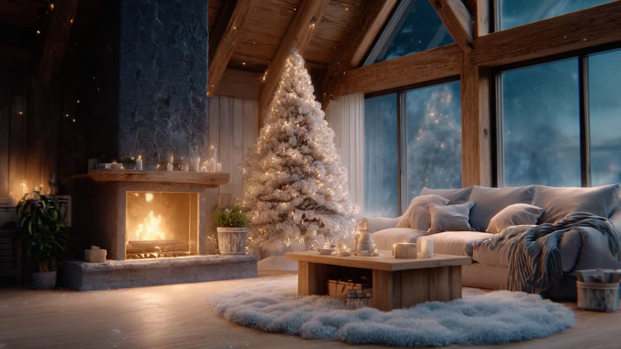 Cozy Winter Living Room with Christmas Tree, Fireplace, and Snowy View – A Warm Retreat Perfect for Holiday Gatherings and Winter Relaxation