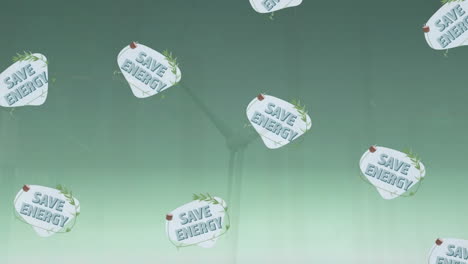 animación del texto de ahorro de energía con iconos sobre la turbina eólica