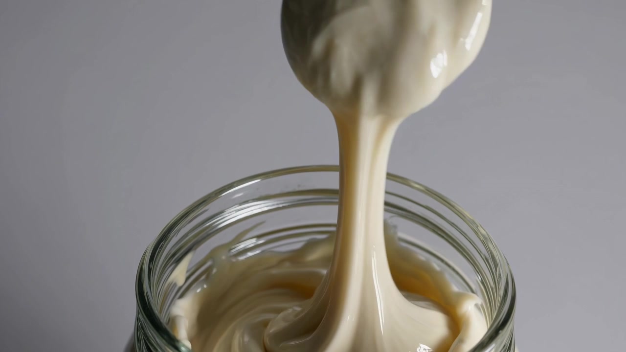 Creamy Mayonnaise Dripping from a Spoon into a Glass Jar