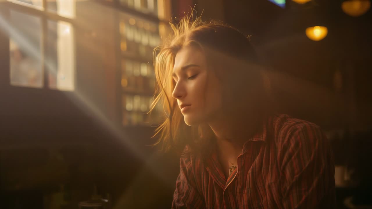 Luce del sole che invita una donna con una maglietta a righe e una collana a girarsi dalla finestra verso la fotocamera in un bar, luci