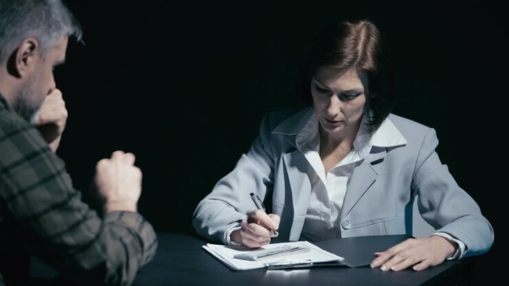 Male crime suspect giving money to investigator, female detective taking bribe