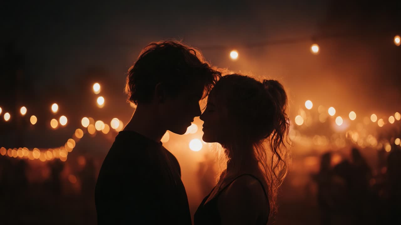 A Romantic Encounter Under Twinkling Lights: A Captivating Silhouette of Two People Sharing an Intimate Moment Amidst a Festive Atmosphere