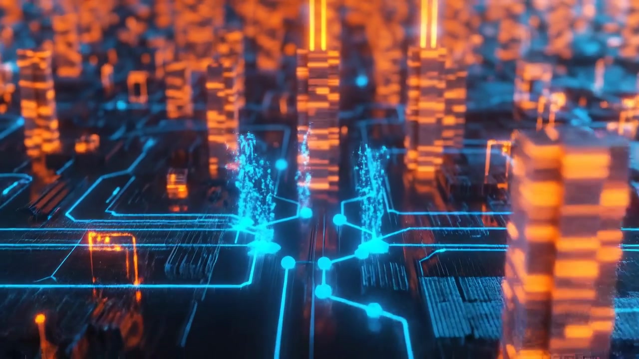 Abstract Digital Cityscape with Glowing Data Towers and Circuitry