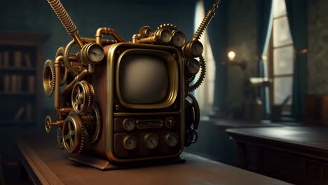 intricate steampunk television set