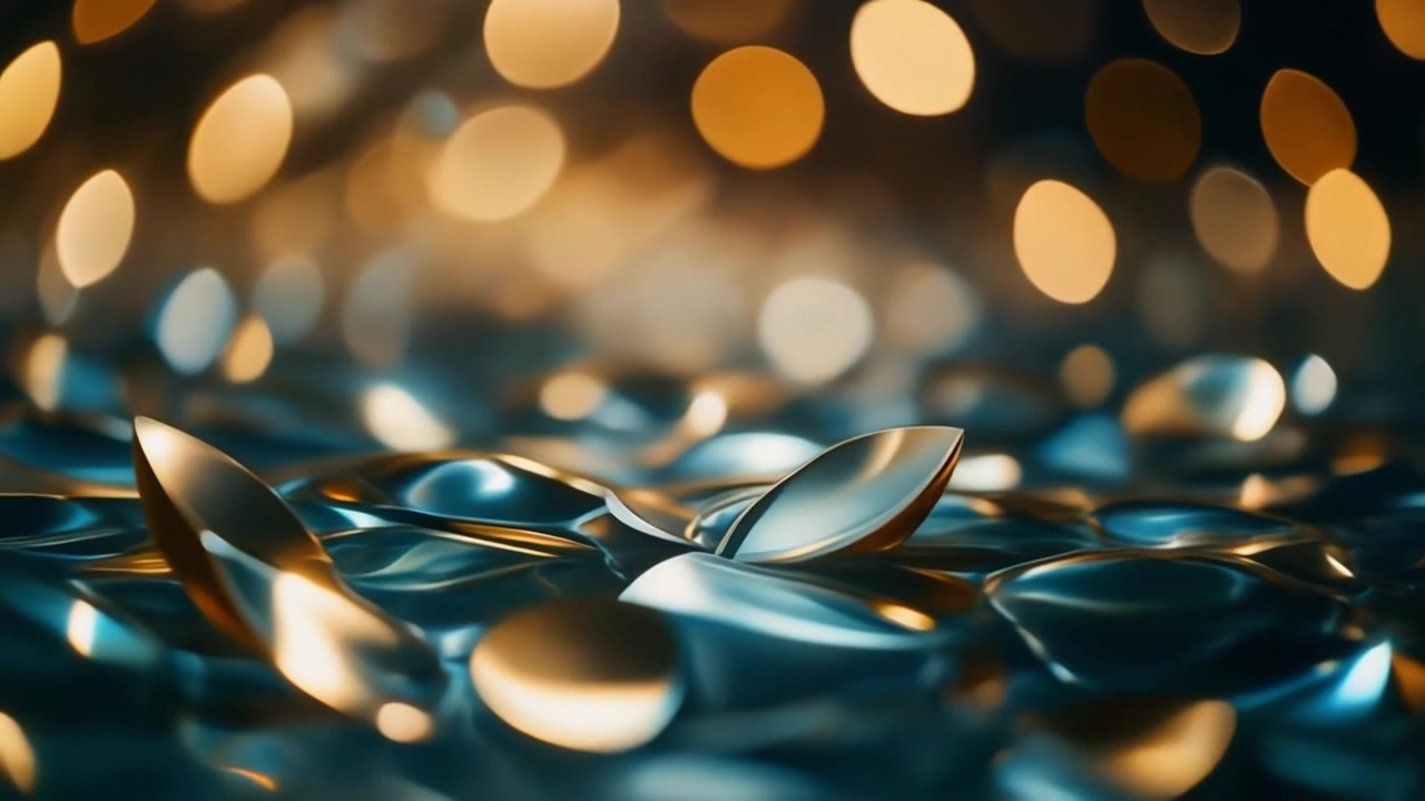 Superficie astratta di metallo liquido con sfondo bokeh dorato