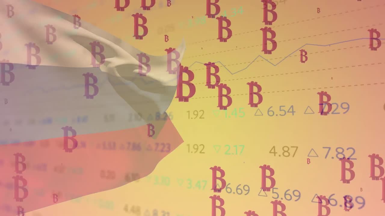 데이터 프로세싱과 러시아의  ⁇ 발을 통해 비트코인 기호의 애니메이션