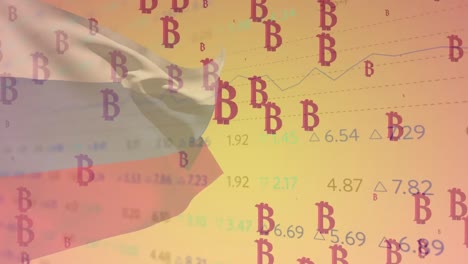animación de los símbolos de bitcoin sobre el procesamiento de datos y la bandera de rusia