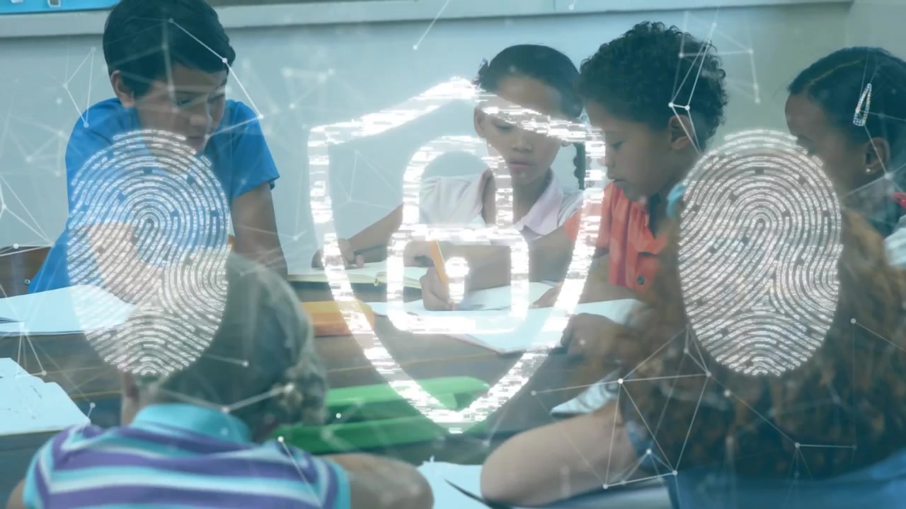 Seven students writing at table glitching screen, showing fingerprint and padlock securing learning