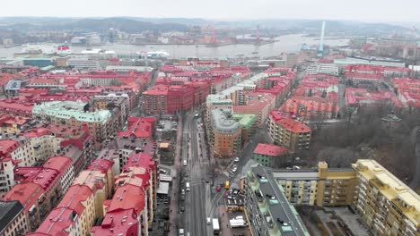 Aerial-Flyover-Of-Colorful-Gothenburg-City,-Urban-Cityscape-Of-Travel-Destination-In-Sweden