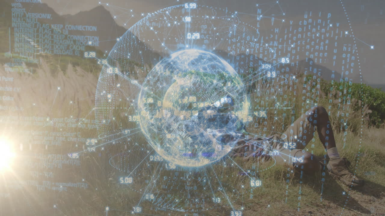 Man lying in grass using smartphone in meadow with tech holographic globe and numeric data overlays