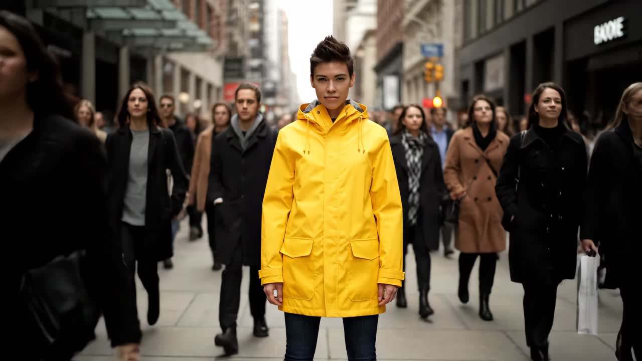 People in a City Street with a Yellow Raincoat