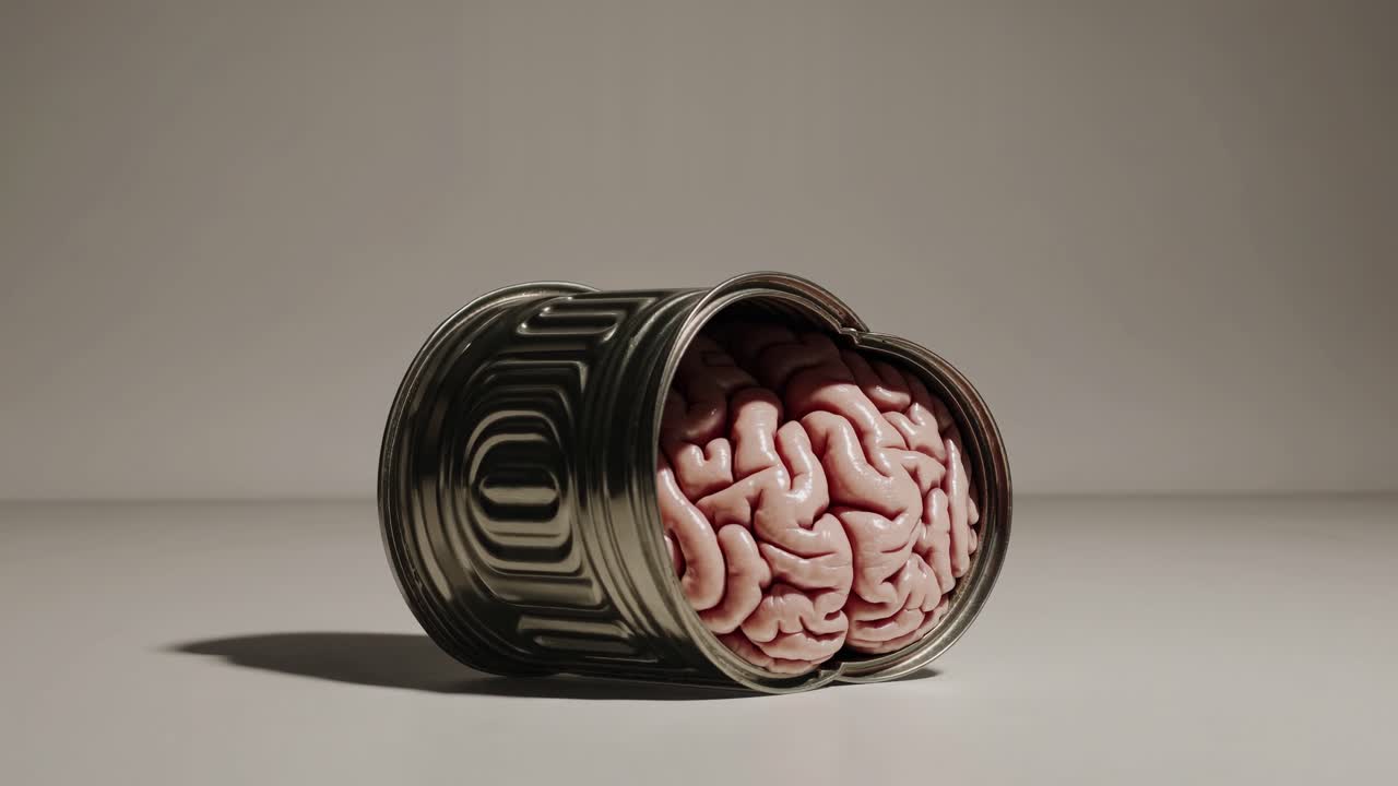 Unique visual sequence of a brain emerging from a can, showcasing the surreal concept of thoughts and ideas spilling into the open space