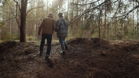 couple and dog walking in pine forest