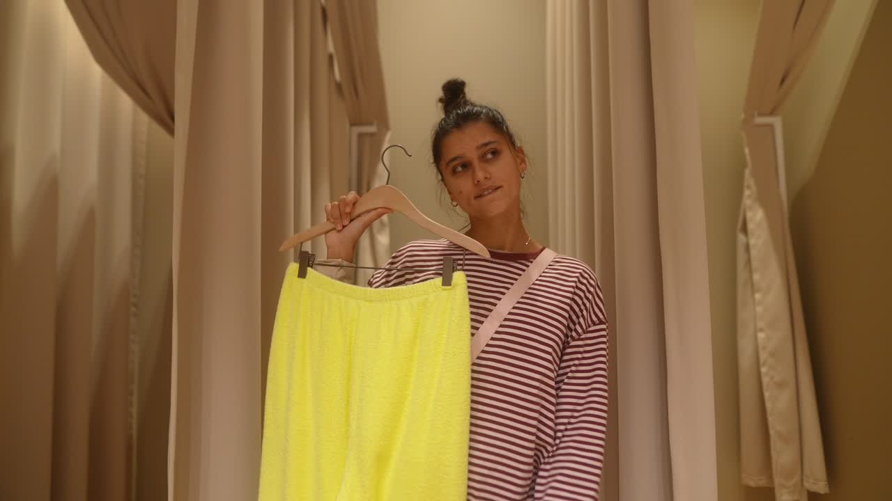 Giovane donna che prova pantaloni gialli in un camerino