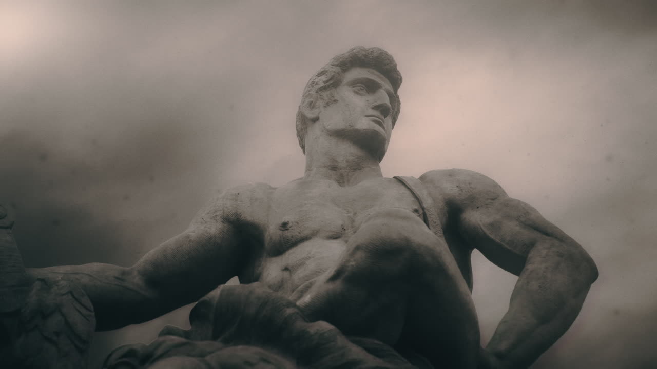 Epic, ancient stone statue on cloudy day and windy weather.