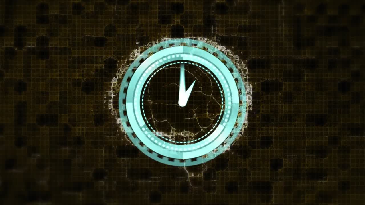 Animation of moving clock over digital brain and green shapes on black background