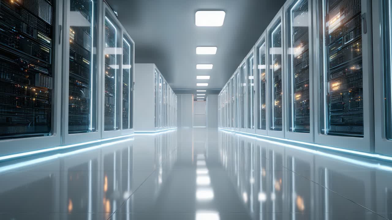 Innovative and Modern Data Center Corridor Showcasing Server Racks and Advanced Technology in a Sleek, High-Tech Environment with Futuristic Lighting