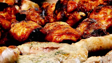 assorted delicious grilled meat, top view, sausages, chicken, pork