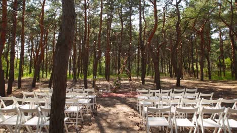 beautiful bohemian tipi arch decoration on outdoor wedding ceremony venue in pine forest with cones. chairs, floristic flower compositions of roses, carpet, string fairy lights. summer rural wedding