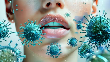 a woman's face is covered in blue and green paint, with a few small white dots scattered around. scene is playful and whimsical, as if the woman is a character in a fantasy world