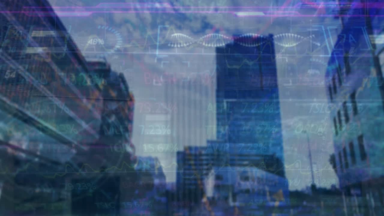 Animation of financial data processing over cityscape