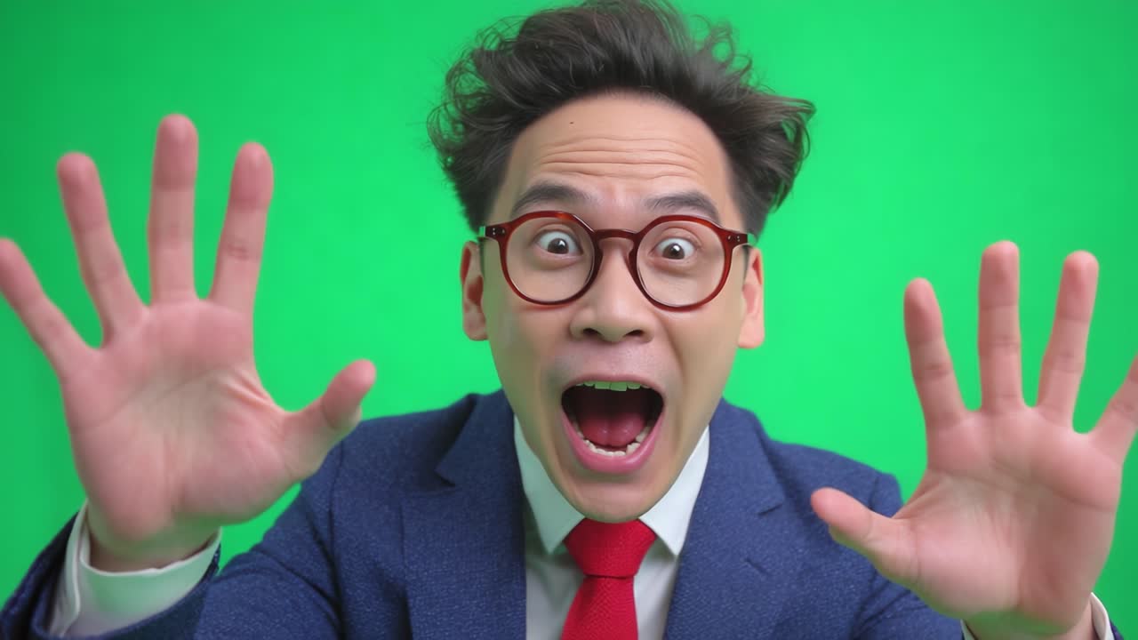 En entusiastisk person, der udtrykker en række følelser, fra chok til glæde, mod en lys grøn baggrund, perfekt til kreativt videoindhold.