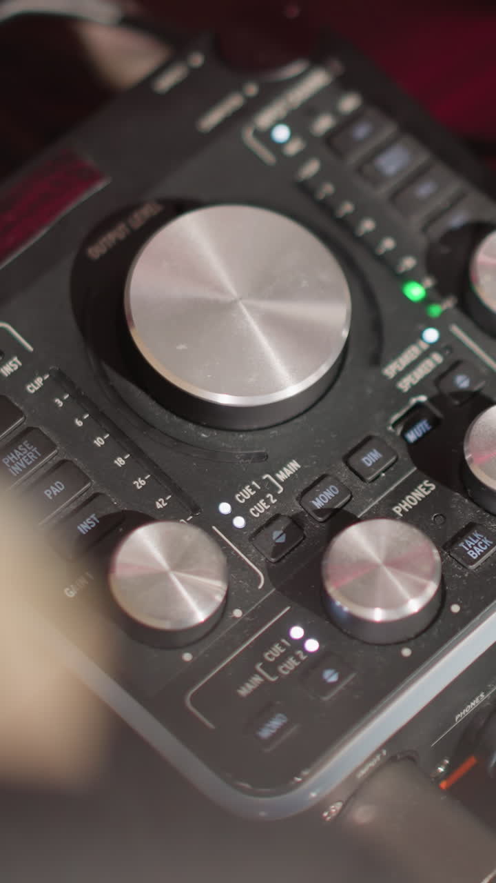 fotografía en primer plano de un mezclador de sonido en una mesa en un estudio de grabación, con varios botones y diales para controlar los niveles de audio