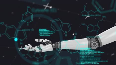 Animation-of-science-data-processing-and-hand-of-robot-over-black-background