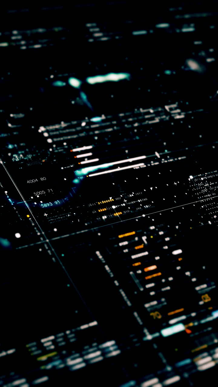 Metaverso futuristico, telemetria dati digitali hi-tech con visualizzazione di numeri crittografati, sfondo dinamico per desktop di computer, display a schermo in formato verticale
