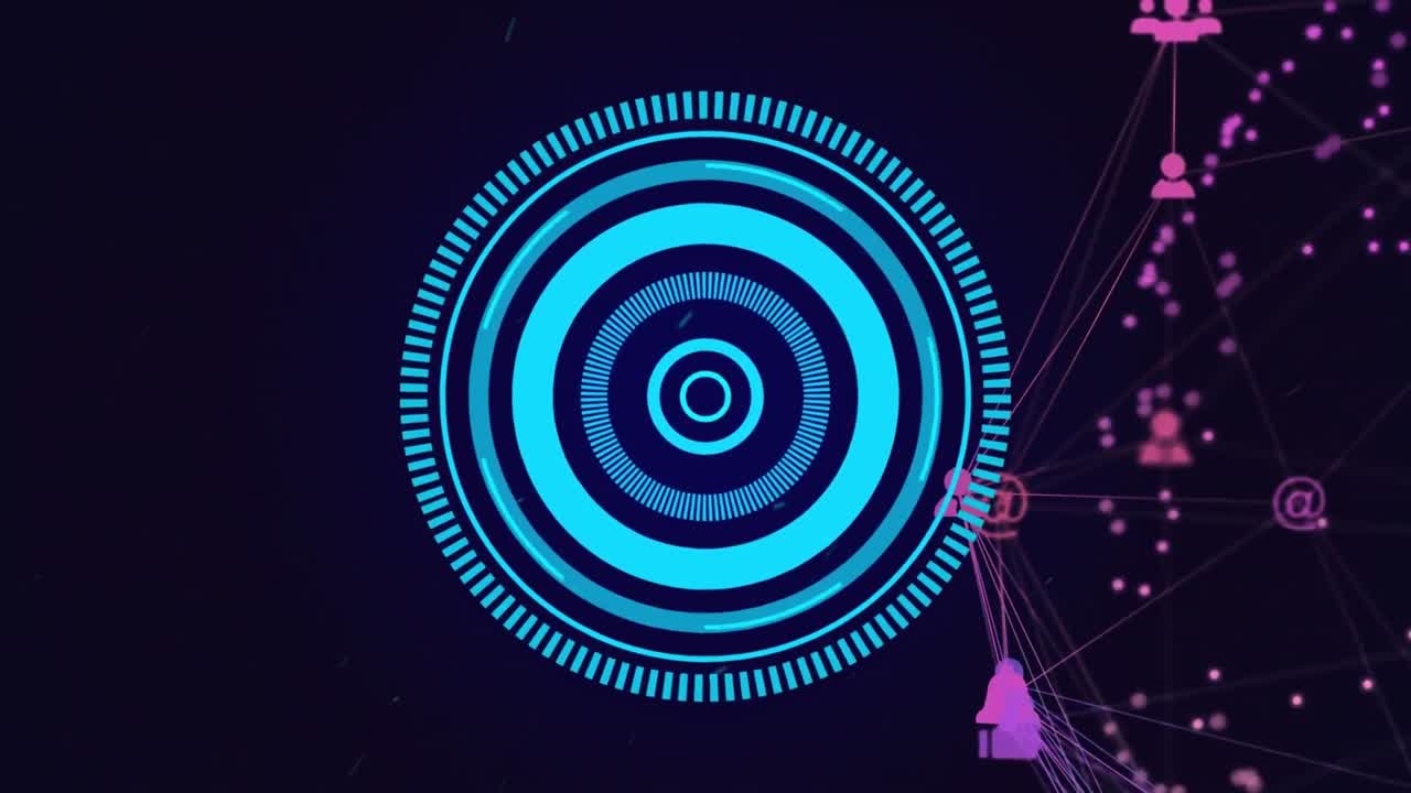 검은색 배경에 디지털 아이콘의 세계와 파란색 둥근 스캐너의 애니메이션