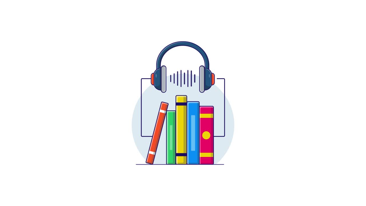 Cuffie e libri animati che rappresentano il concetto di audiolibro