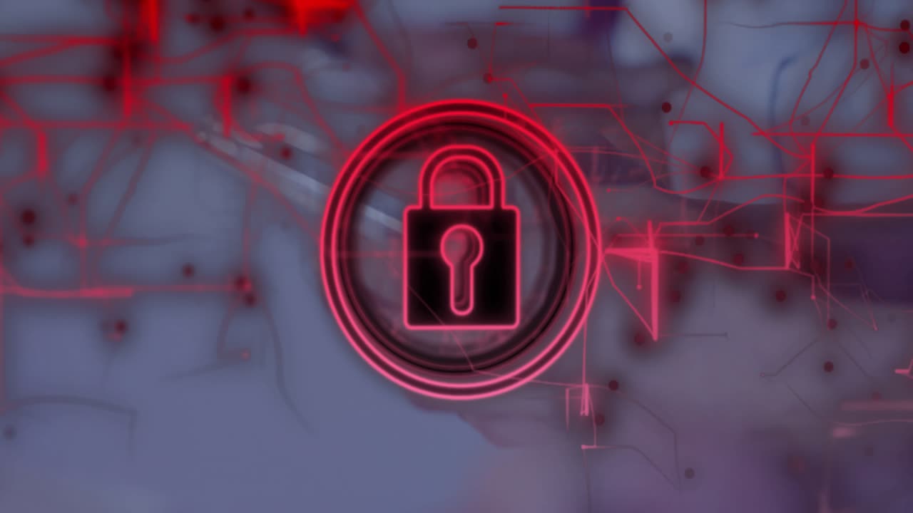 Connessioni di rete digitali sovrapposte a un'icona di lucchetto rosso su un'animazione di sfondo sfocato.