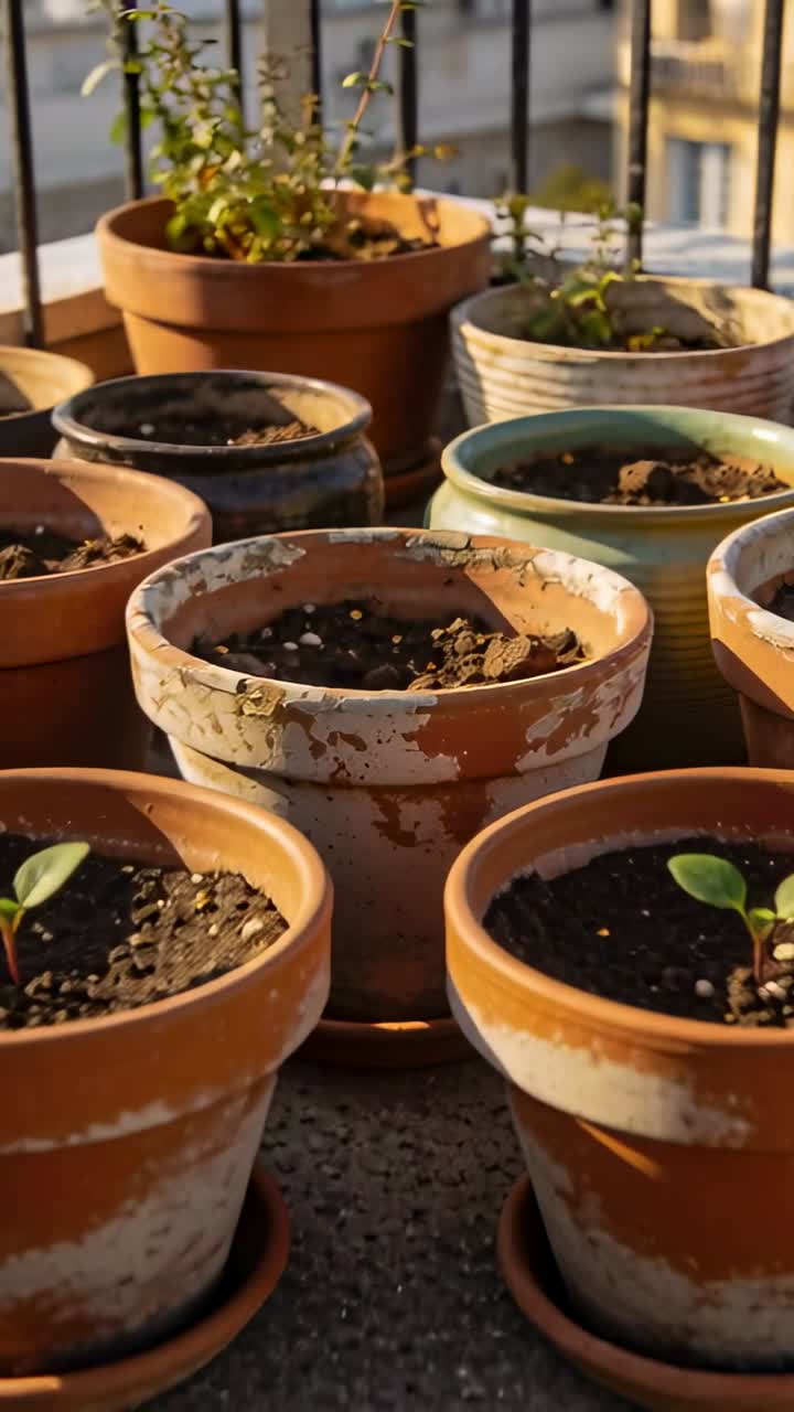 Vertikal video: Kameraet trækker sig tilbage og afslører en skåret terrakottapot på altanen, viser spirende planter