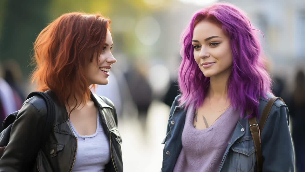 Female students with vibrant hair colors engaging in animated conversation while standing on busy urban street, expressing ideas through enthusiastic communication and shared connection