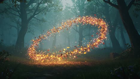 A Magical Forest Scene Illuminated by a Sparkling Ring of Light, Surrounded by Enchanted Trees and Shimmering Leaves, Creating a Whimsical Atmosphere Full of Wonder