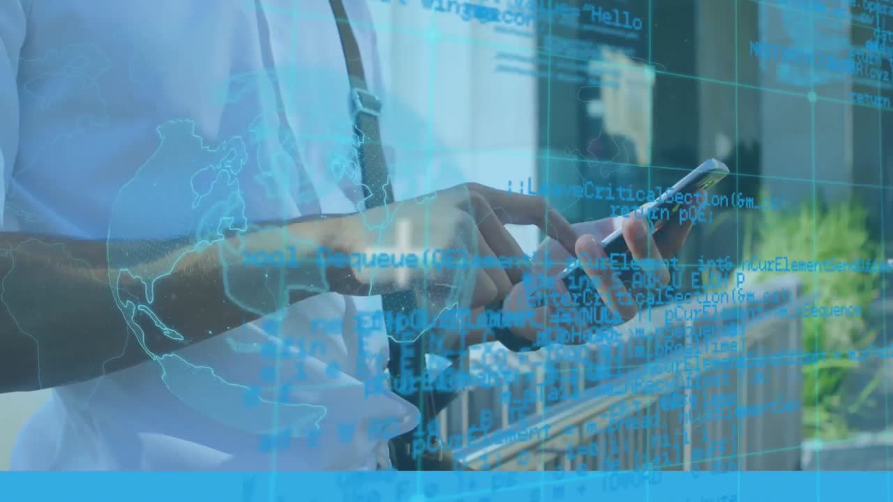 Animation of globe and data processing over businessman using smartphone