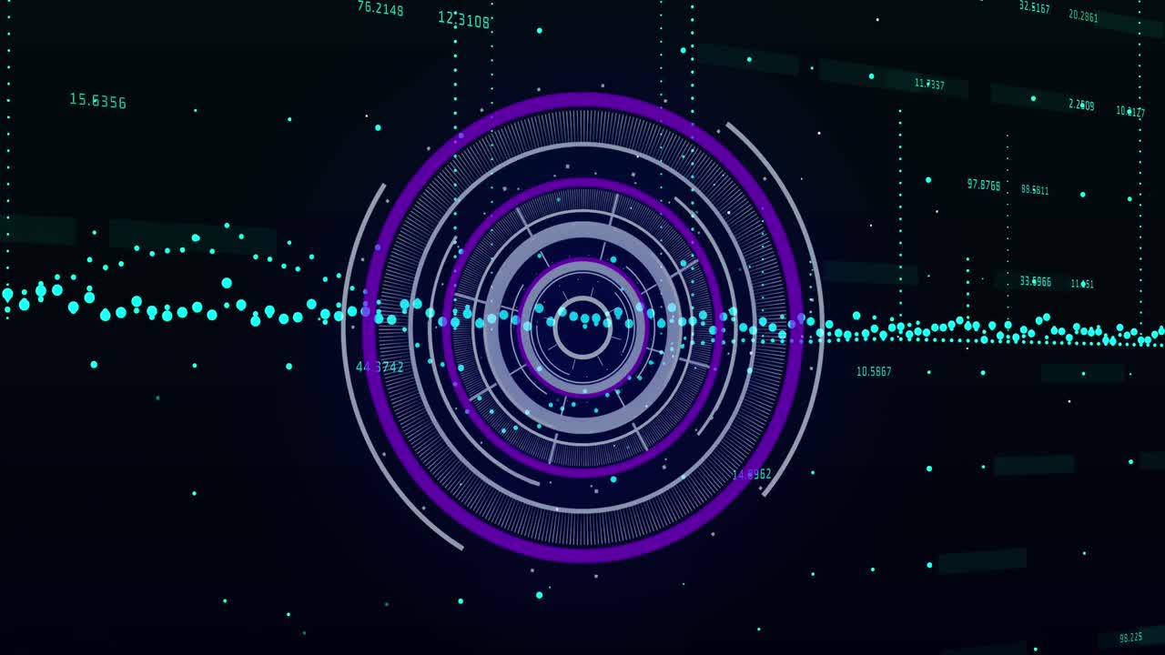 animación del escáner redondo púrpura y procesamiento de datos contra un fondo negro.