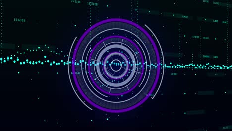animación del escáner redondo púrpura y procesamiento de datos contra un fondo negro.